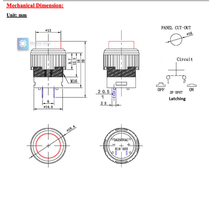 สวิตซ์ ปุ่มกดติดปล่อยดับ/ปุ่มกดติดกดดับ R16-503 Self-locking/Non-locking พร้อมLED/ไม่มี LED Push Button Switch