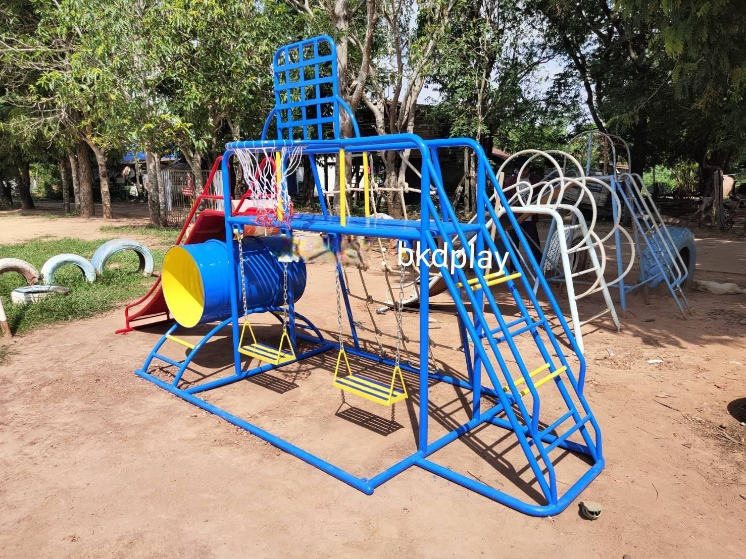ชุดรวม E เชือกถักใหญ่ ประกอบด้วยสไลเดอร์ชิงช้าปีนป่ายแป้นบาสและถังลอดถ้ำ กระดานลื่นเหล็ก เครื่องเล่นสนามกลางแจ้ง เครื่องเล่นสนามเหล็ก OutdoorPlayground,ผลิตเครื่องเล่นสนาม,เครื่องเล่นในสนามเด็กเล่น,เครื่องเล่นงบสพฐ.,ประชารัฐ, ราคาโรงงาน