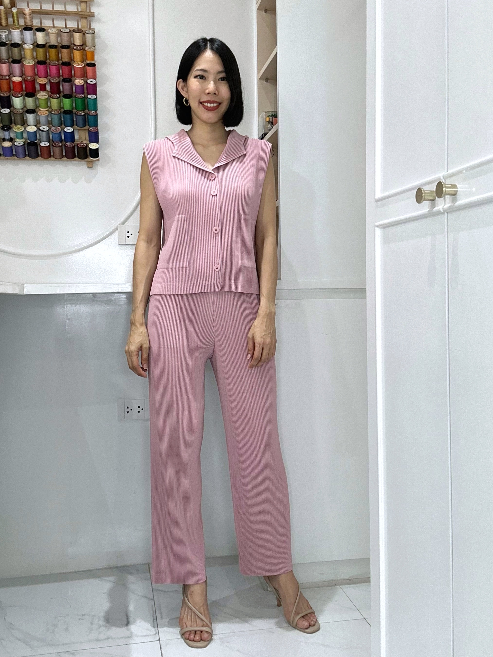 2MUAY รุ่น GJO5103-9 / GJO5151-9 เซ็ตพลีทคุณภาพ THICK SLEEVELESS HOODED TOP WITH PANT PLEATED SET 8สี FREE SIZE