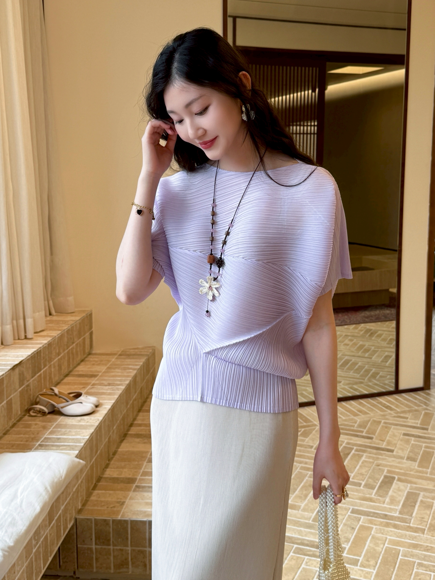 2MUAY รุ่น GJO11017S เสื้อพลีทคุณภาพ SHORT SLEEVE CHIC ASYMMETRIC PLEATED TOP 10 สี FREE SIZE