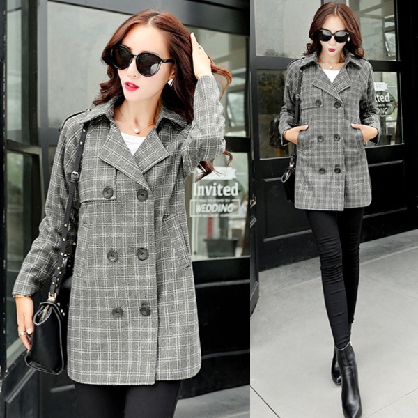 [SALE] Trench Coat เสื้อโค้ทกันหนาวลายตาราง แต่งกระดุมคู่-11857