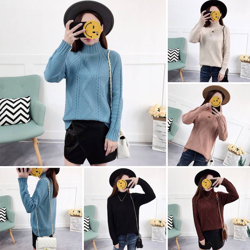 เสื้อไหมพรม สเวตเตอร์ เสื้อกันหนาวไหมพรม เสื้อคอปีนแขนยาวทอลายนูน (มี 5 สี)