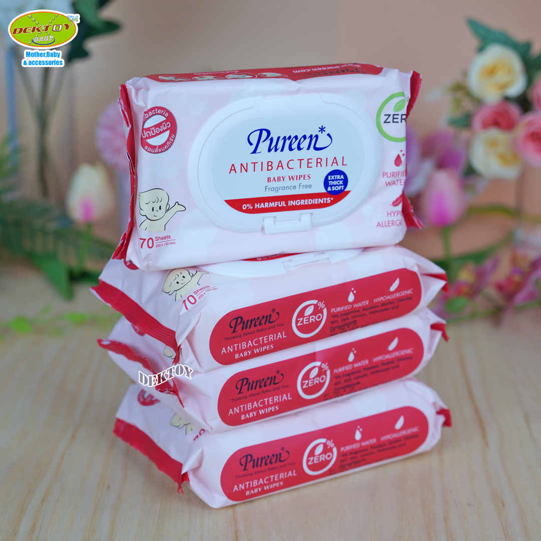 4ห่อ Pureen เพียวรีน ทิชชู่เปียก เบบี้ไวพส์ แอนตี้แบคทีเรียล 70 ชิ้น