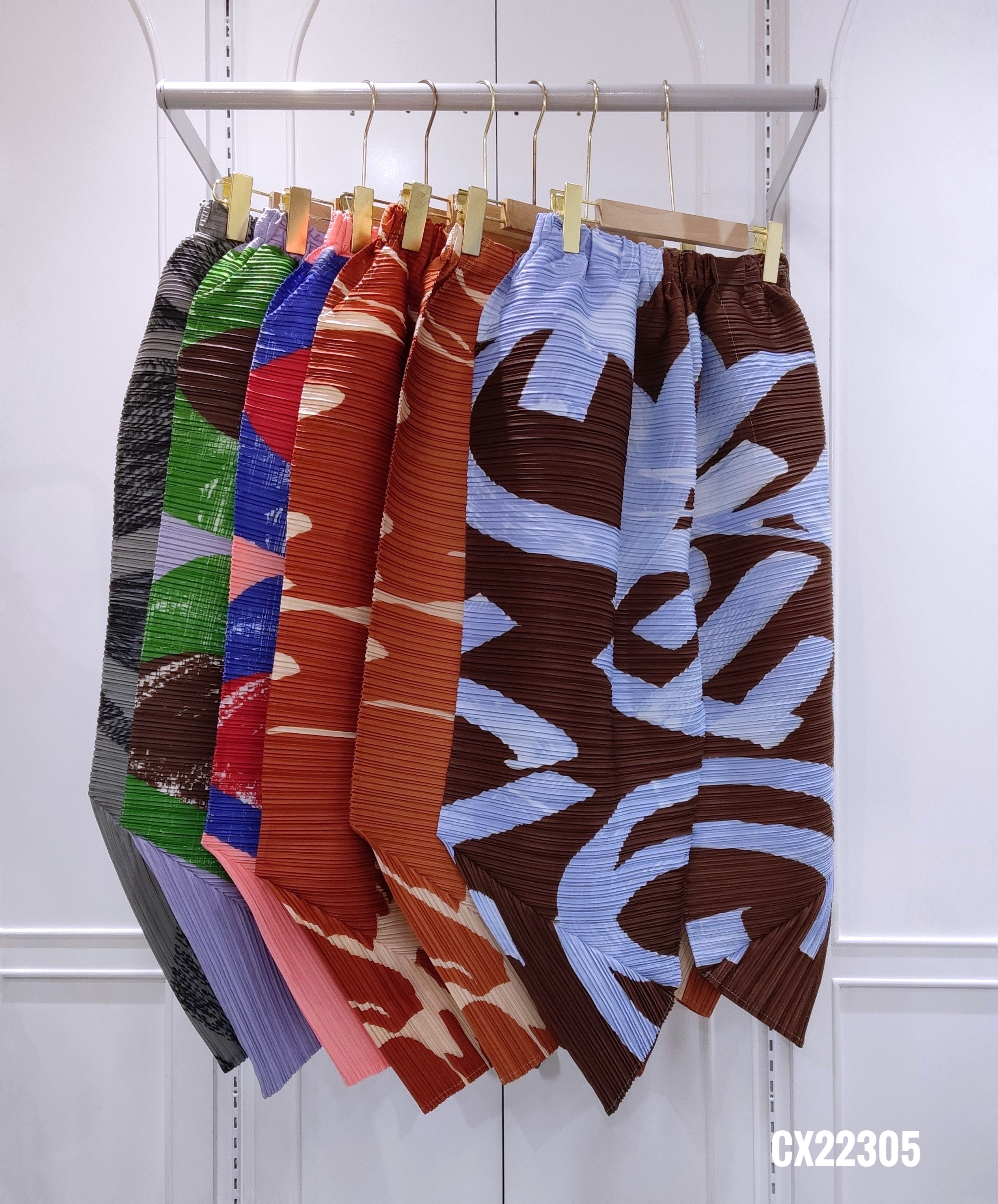 2MUAY รุ่น CX22305 กางเกงพลีทคุณภาพ PRINTED ANGLE PLEATED PANTS 6 สี FREE SIZE