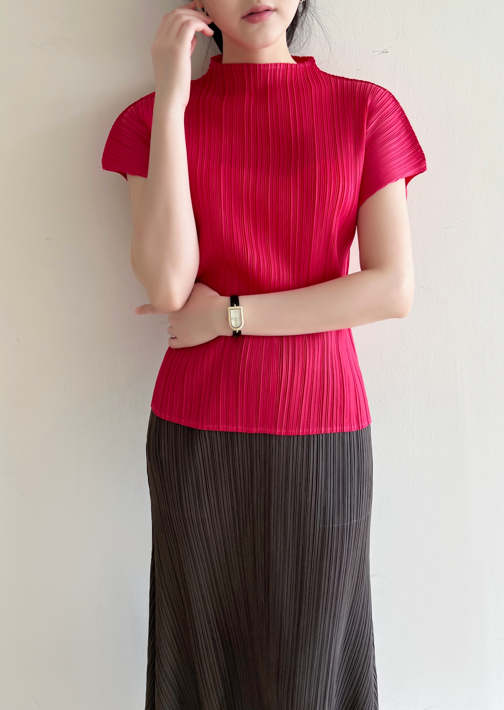 2MUAY รุ่น GJO1616 เสื้อพลีทคุณภาพ HIGH NECK SHORT SLEEVE PLEATED TOP 15 สี FREE SIZE