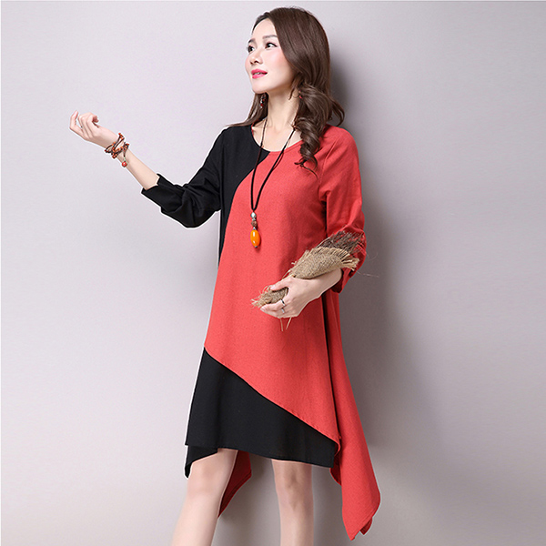 [SALE] เดรสแฟชั่นวินเทจ แขนยาว ตัดสีทูโทน-11492