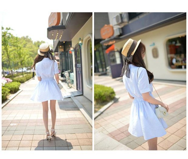 ชุดเดรสแฟชั่น ผ้าฝ้ายผ้าลินินแขนสั้นลายเส้นแนวตั้งเอวตั้งเป็นเสื้อเชิ้ต (ตามรูป)