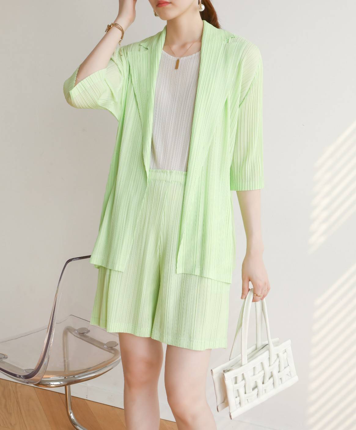 2MUAY รุ่น GJO7717 เสื้อสูท เสื้อคลุมอัดพลีทคุณภาพ 9สี FREE SIZE HALF SLEEVE COLLAR PLEATED CARDIGAN / JACKET