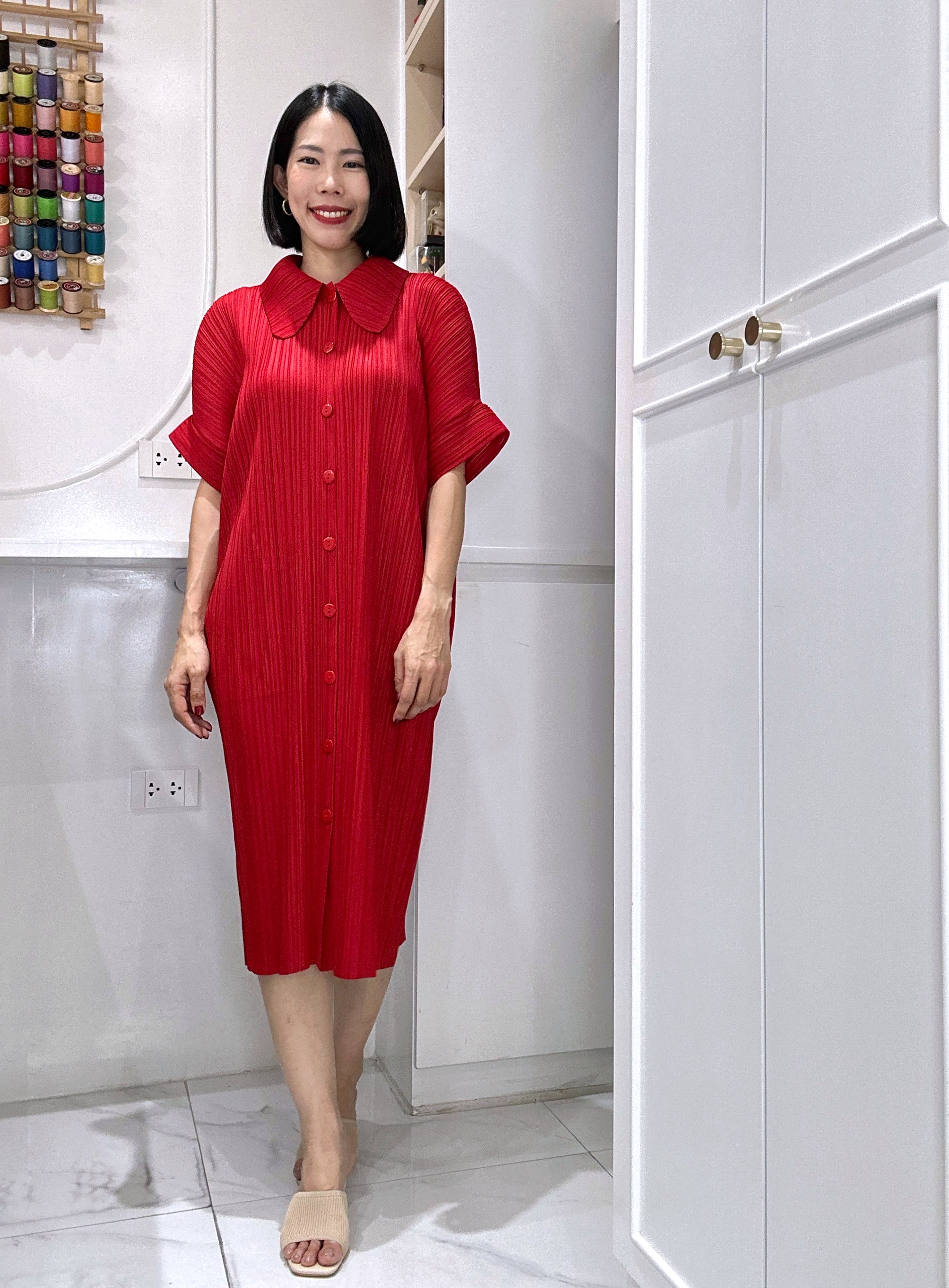 2MUAY รุ่น GJO2087 COLLAR BUTTON FRONT PLEAT DRESS เดรสอัดพลีทงานคุณภาพ 9สี FREE SIZE