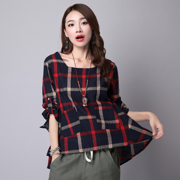 เสื้อแฟชั่นวินเทจ แขนยาวมีสแนป ผ้าทอนิ่มลายตาราง-11491