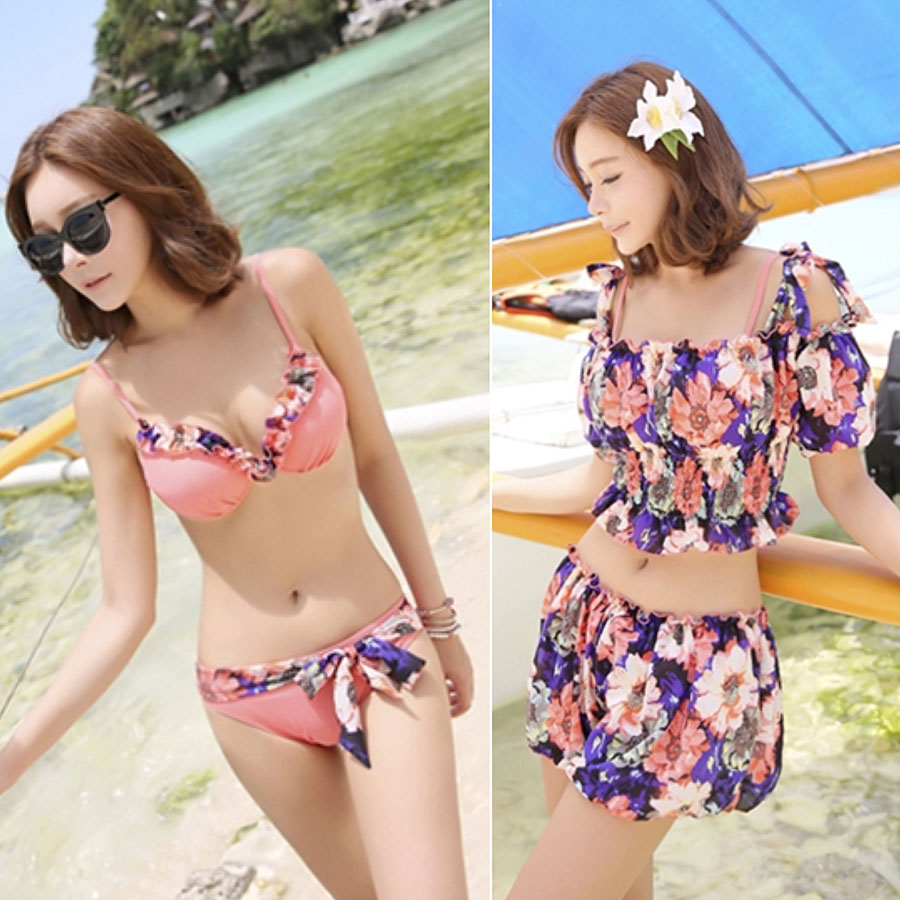 ชุดว่ายน้ำบิกินี่ พร้อมเสื้อและกางเกงลายดอก เซ็ท 4 ชิ้น-1163SW
