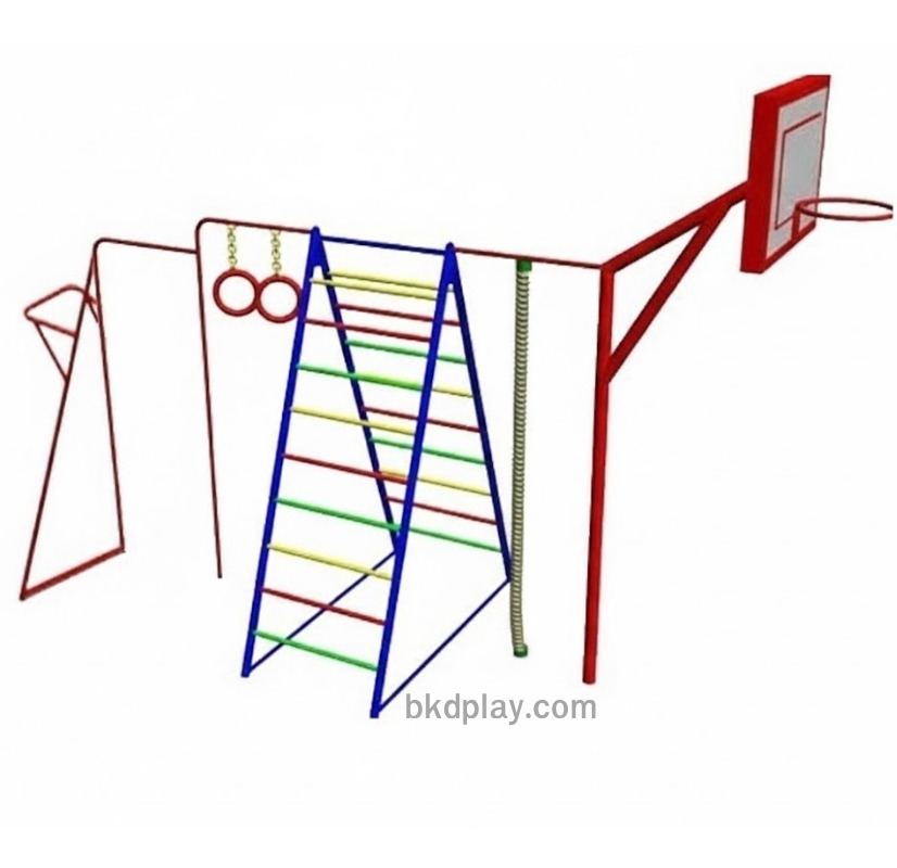 เครื่องเล่นสนามกลางแจ้ง เครื่องเล่นสนามเหล็ก ชุดรวมZ ปีนป่ายบาร์โหนแป้นบาส Outdoor Playground, สนามเด็กเล่น ลานกีฬา ราคาโรงงาน สั่งผลิต 10-20 วันขนาด 150x200x220 ซม.