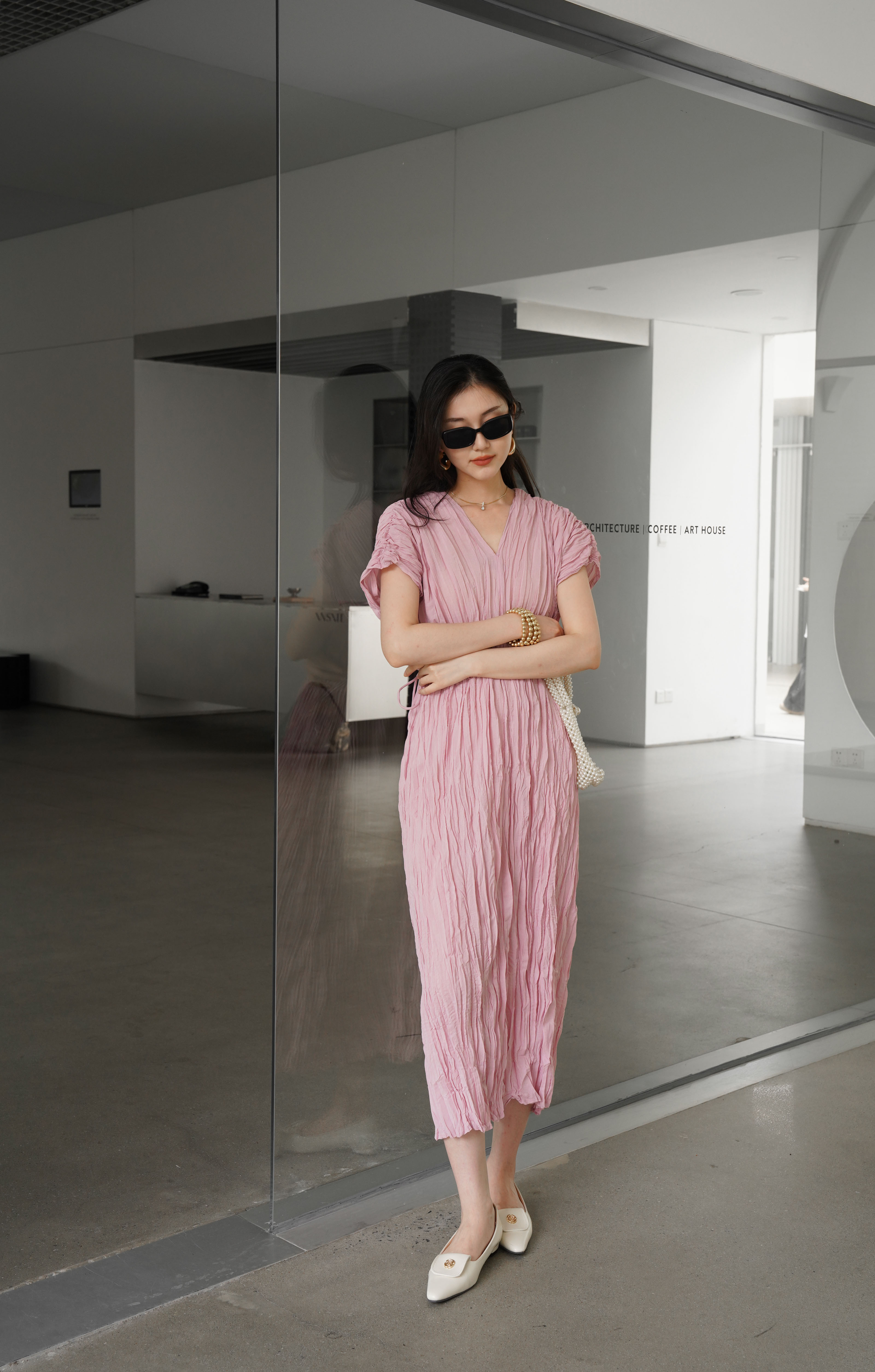 ปรับราคาลง20%!! 2MUAY รุ่น GJO3558 เดรสพลีทคุณภาพ V NECK WAIST TIE PLEATED DRESS 6 สี FREE SIZE