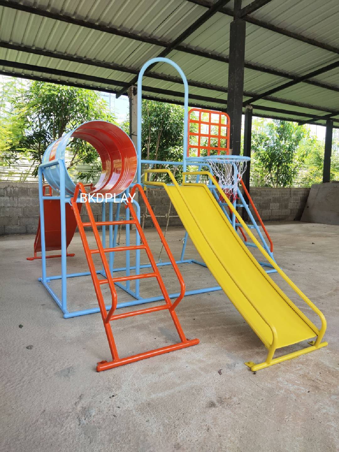 เครื่องเล่นสนามชุดรวมD ประกอบด้วยสไลเดอร์ปีนป่ายแป้นบาสและถังลอด, เครื่องเล่นสนามกลางแจ้ง , เครื่องเล่นสนามเหล็ก, ของเล่น, OutdoorPlayground,สนามเด็กเล่น,เครื่องเล่นงบสพฐ.ประชารัฐ ราคาโรงงาน