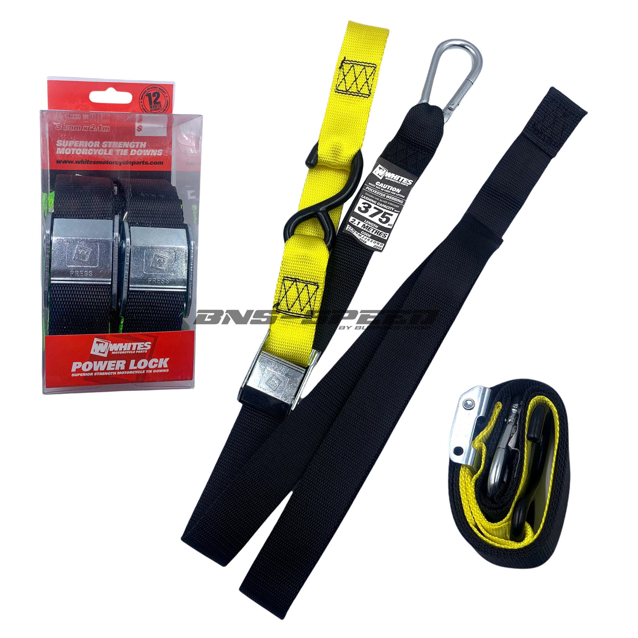 เชือกมัดรถ Whites tie down 38mm ดำ/เหลือง