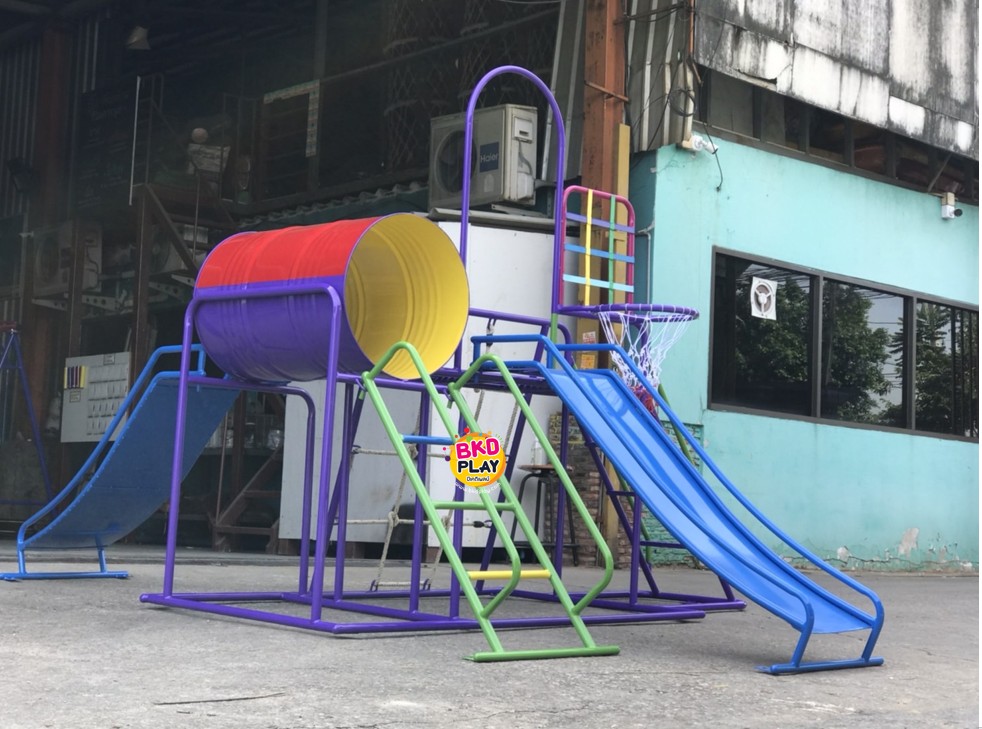 เครื่องเล่นสนามชุดรวมD ประกอบด้วยสไลเดอร์ปีนป่ายแป้นบาสและถังลอด, เครื่องเล่นสนามกลางแจ้ง , เครื่องเล่นสนามเหล็ก, ของเล่น, OutdoorPlayground,สนามเด็กเล่น,เครื่องเล่นงบสพฐ.ประชารัฐ ราคาโรงงาน