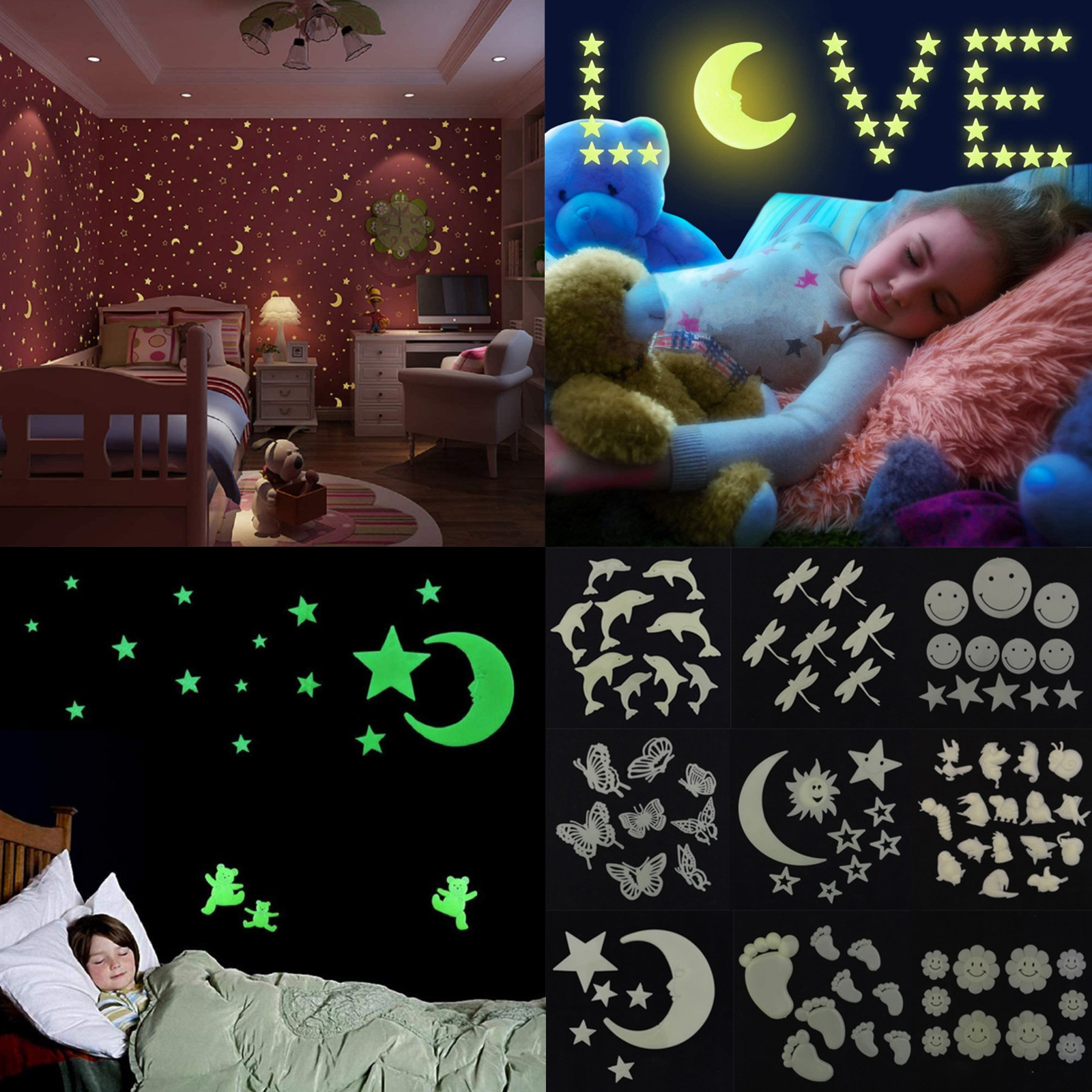 แผ่นแปะเรืองแสง ติดผนัง เพดาน 3D รูปดาว แพ็ค100ชิ้น / รูปการ์ตูนอื่นๆ แพ็ค 4~16ชิ้น แถมกระดาษกาวในชุด
