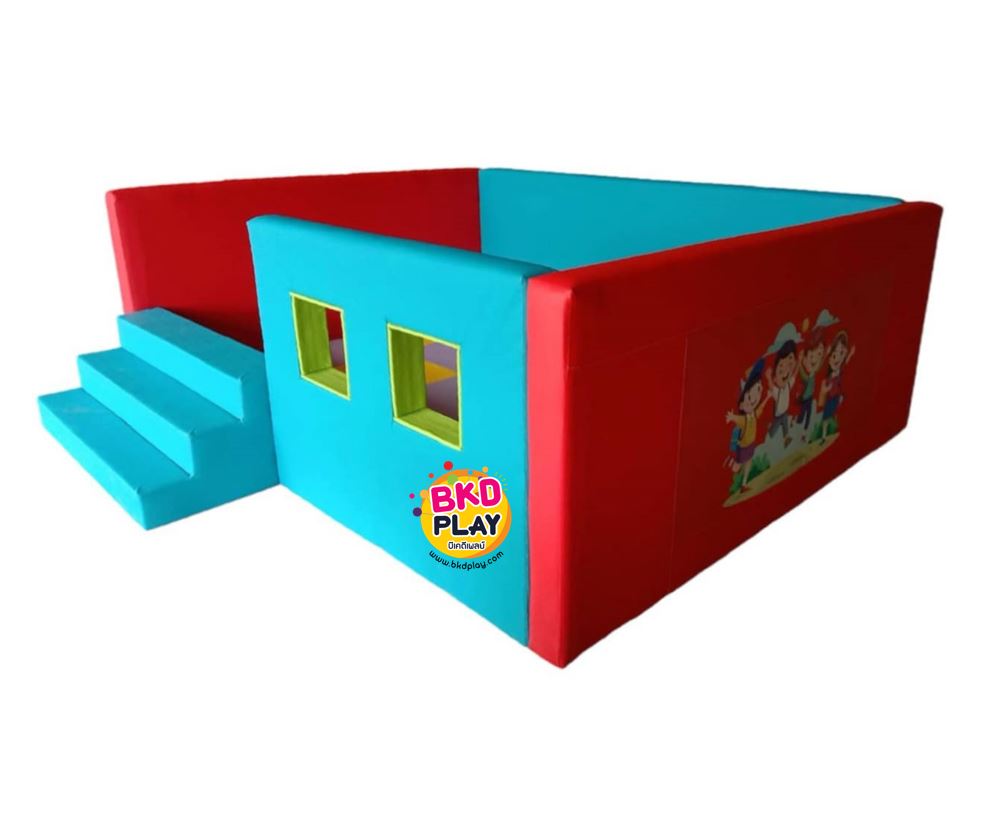 ห้องบอลมีหน้าต่างพร้อมบันได, บ่อบอลเด็ก, คอกกั้นเด็ก ,เบาะหนังนุ่มนิ่ม softplay, indoor playground kidszone สวนสนุกในร่ม รับสั่งทำ บ่อบอล ห้องบอล ตามขนาด
