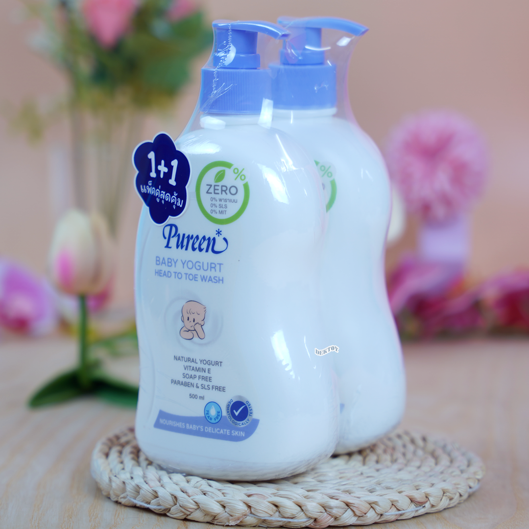 1 ฟรี1 PUREEN เพียวรีน เบบี้ โยเกิร์ต เฮดทูโทวอช สบู่เหลวเพียวรีนอาบและสระ 500 มล.หัวปั๊ม