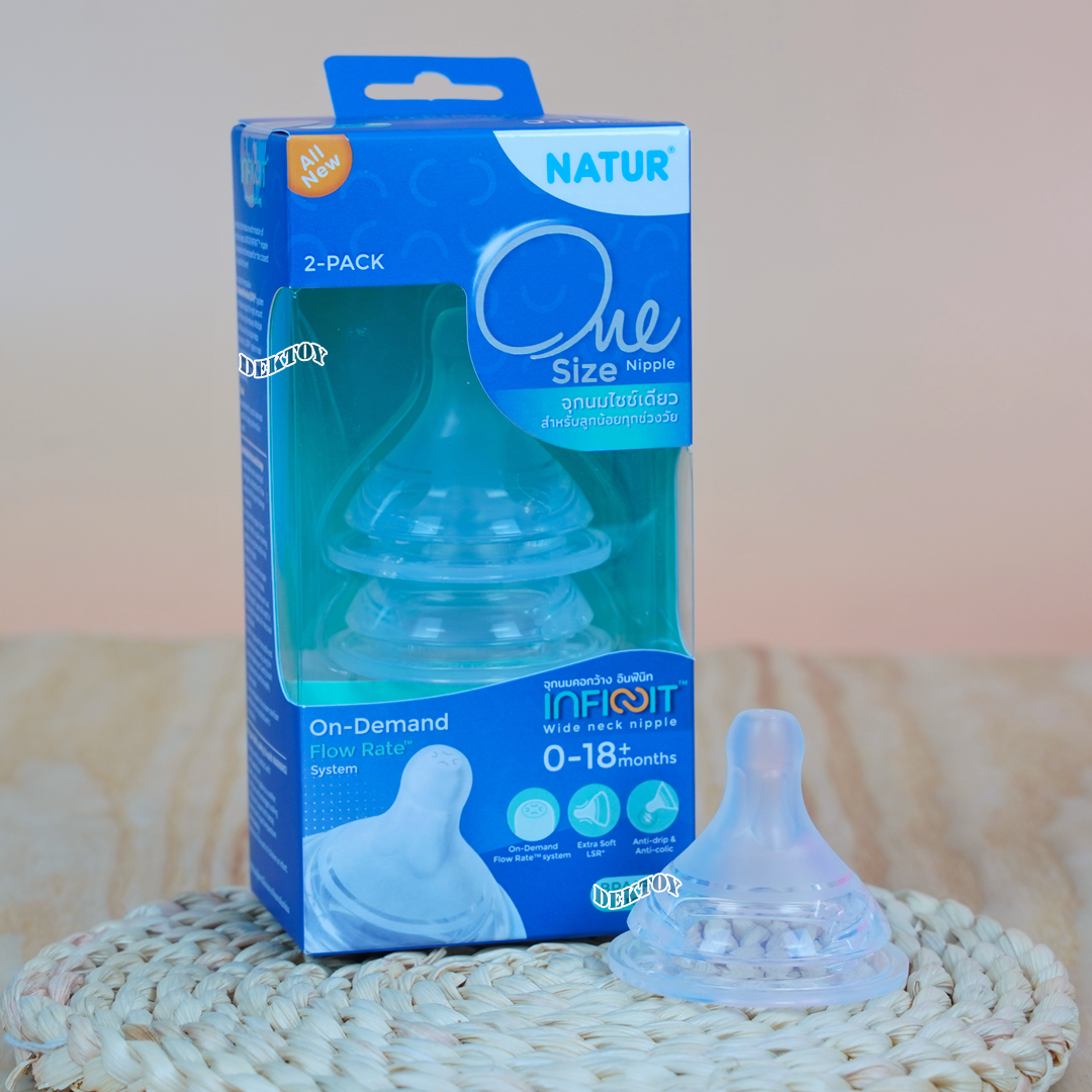 Natur infinit one size เนเจอร์ จุกนมอินฟินิท จุกนมไม่ดูดไม่ไหล คอกว้าง แพ็ค2ชิ้น 0-18 เดือน 85225