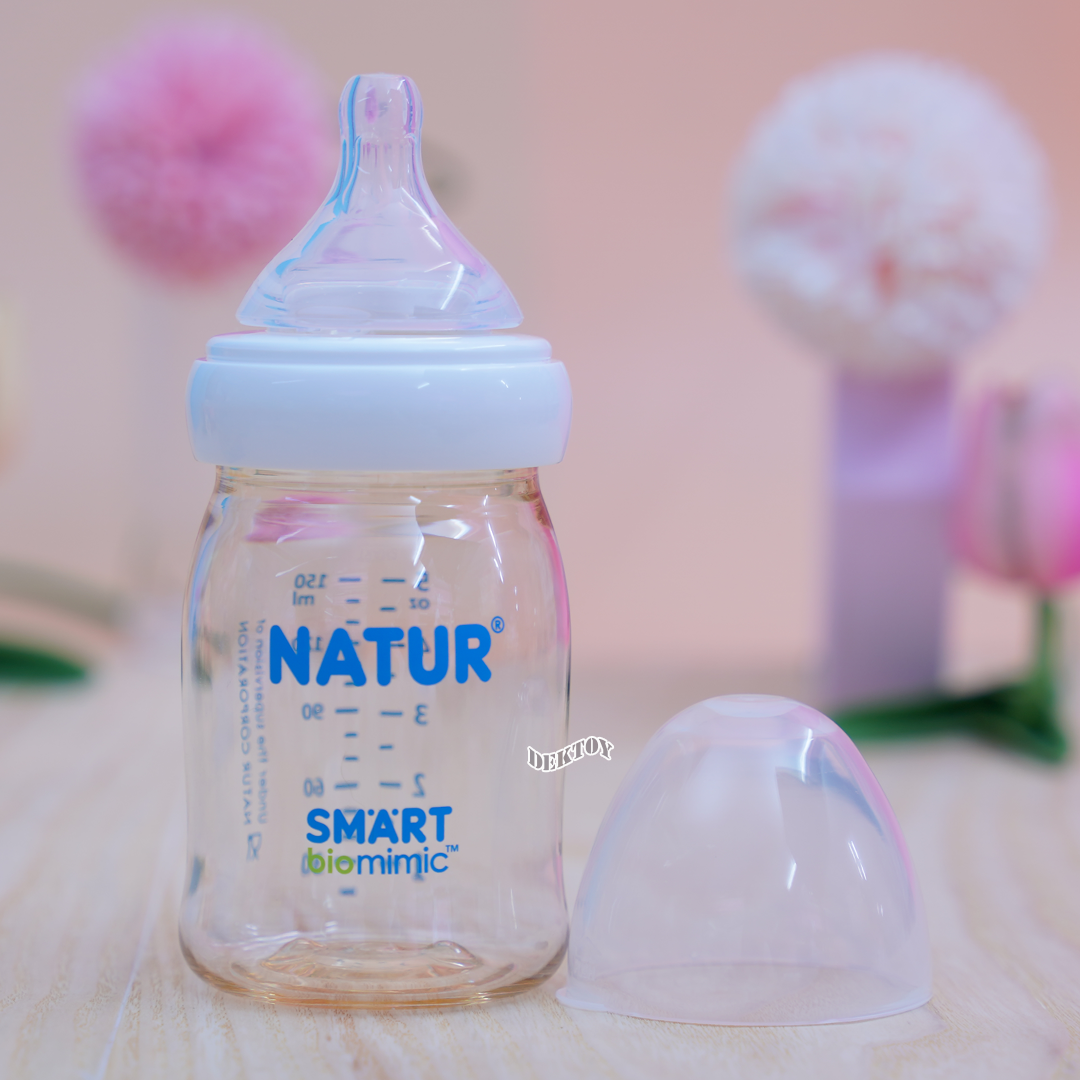 NEW-Natur เนเจอร์ ขวดนมเนเจอร์ไม่ดูด ไม่ไหล คอกว้างสมาร์ทไบโอมิมิคสีชาPES 5 ออนซ์