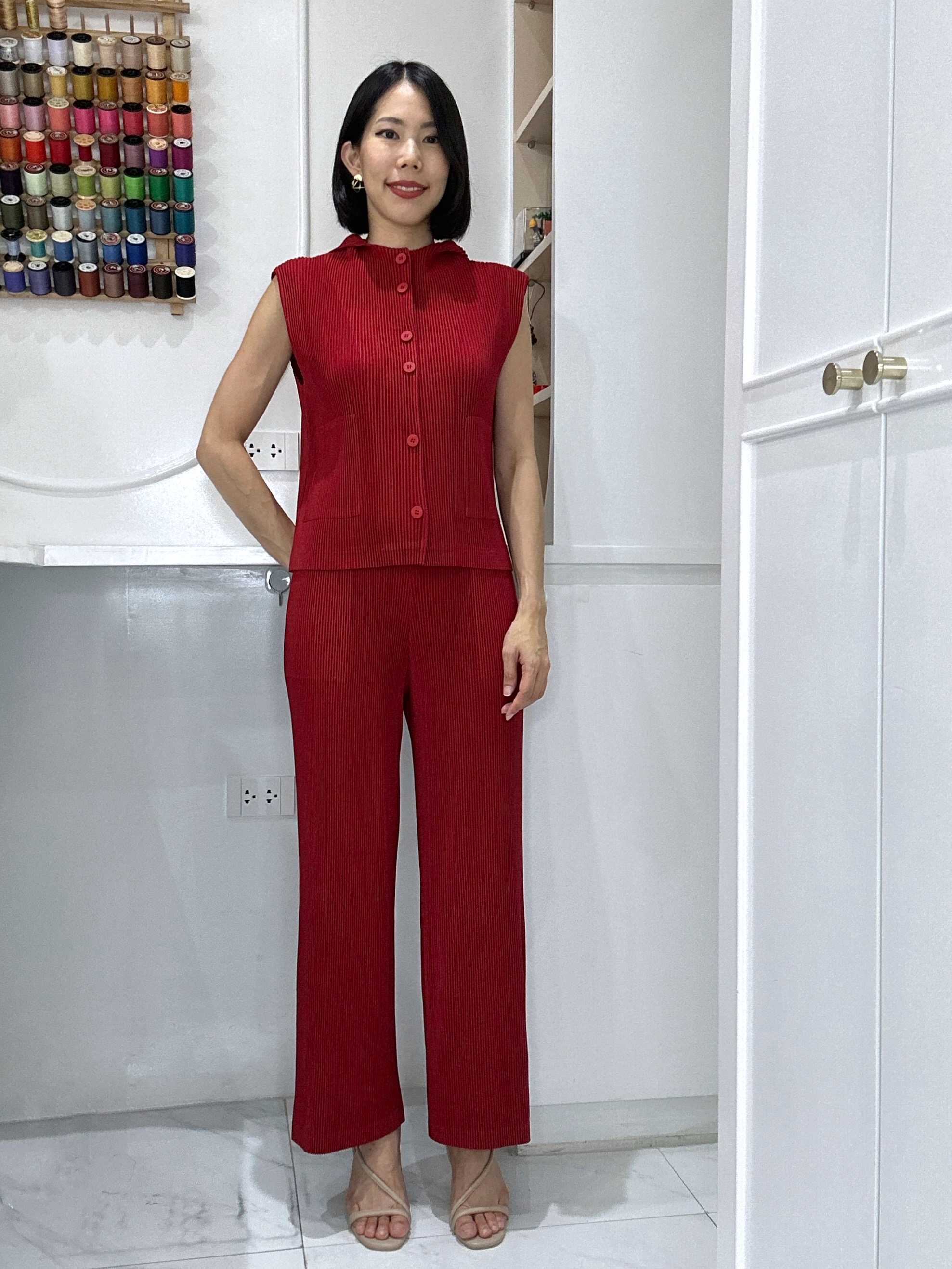 2MUAY รุ่น GJO5103-9 / GJO5151-9 เซ็ตพลีทคุณภาพ THICK SLEEVELESS HOODED TOP WITH PANT PLEATED SET 8สี FREE SIZE