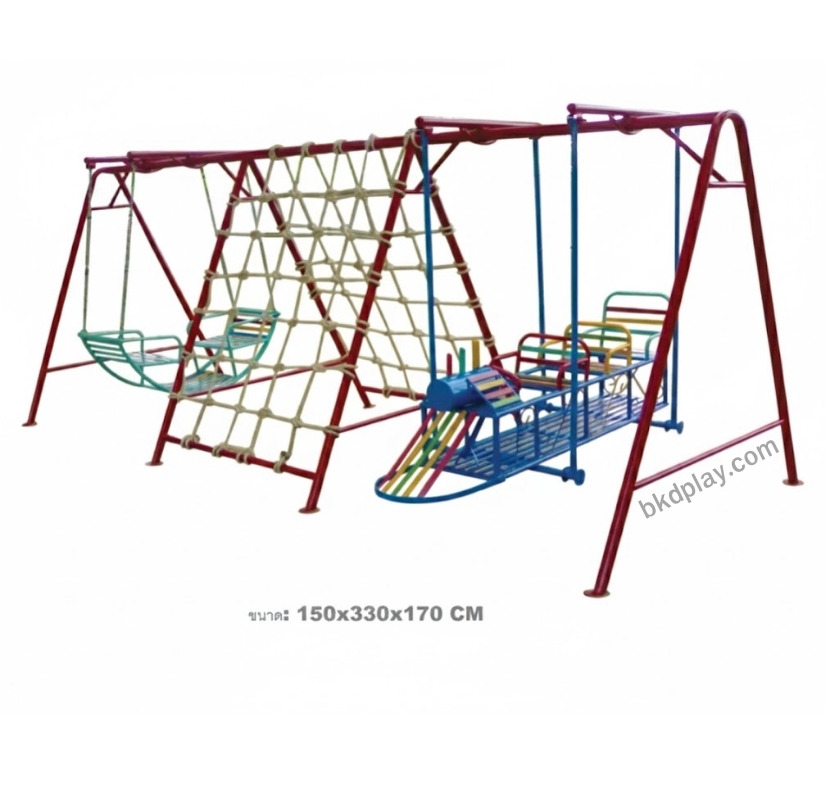 เครื่องเล่นสนามกลางแจ้ง เหล็ก ชุดปีนป่ายรวมรถไฟ พร้อมชิงช้านั่งคู่ OutdoorPlayground,ผลิตเครื่องเล่นสนาม,เครื่องเล่นในสนามเด็กเล่น,เครื่องเล่นงบสพฐ.,ประชารัฐ, ราคาโรงงาน ขนาด 150 x 350 x 160 ซม.