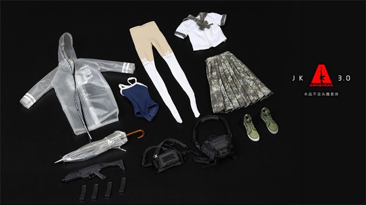 [สั่งจอง][Costume] ชุดนักเรียนสาวลายพราง +ชุดกันฝน + ชุดว่ายน้ำ รวบมาในเซ็ตเดียว (ไม่รวมหัวและบอดี้) ARMSHEAD JK-03 1/6 girl set 3.0