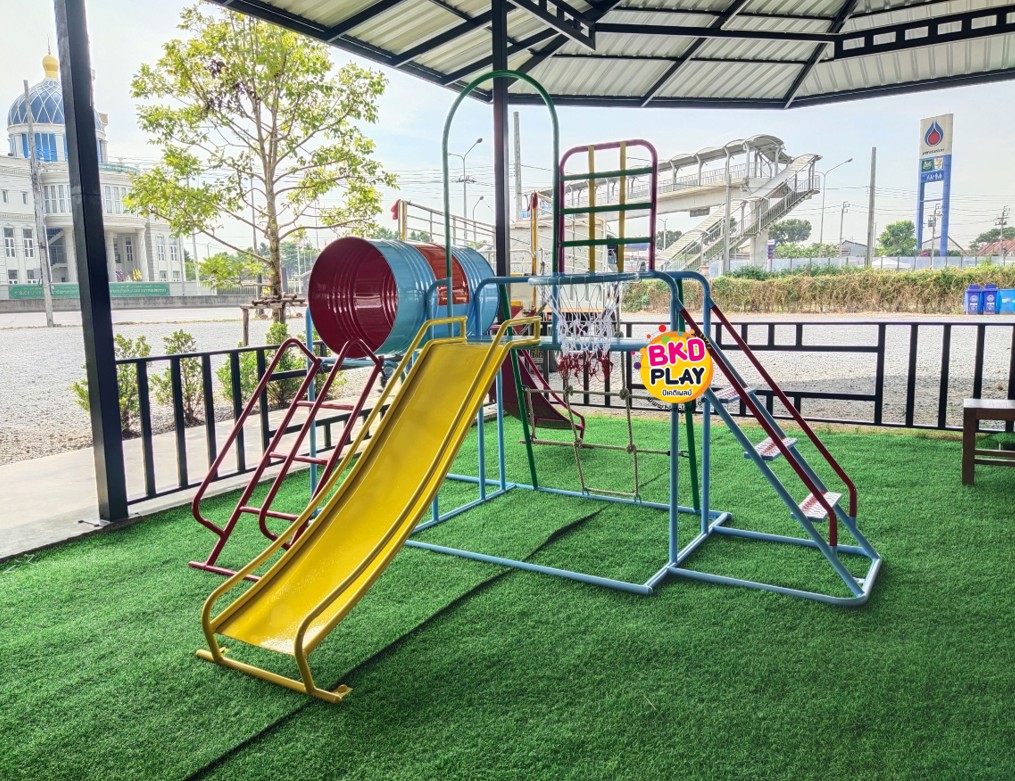 เครื่องเล่นสนามชุดรวมD ประกอบด้วยสไลเดอร์ปีนป่ายแป้นบาสและถังลอด, เครื่องเล่นสนามกลางแจ้ง , เครื่องเล่นสนามเหล็ก, ของเล่น, OutdoorPlayground,สนามเด็กเล่น,เครื่องเล่นงบสพฐ.ประชารัฐ ราคาโรงงาน