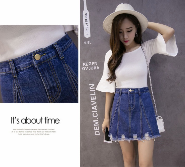 กระโปรงยีนส์ เนื้อยีนส์แท้ ซิปหน้า ติดกระดุม ดีไซน์ตามแบบ สีเข้ม