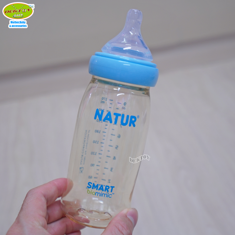 NEW-Natur เนเจอร์ ขวดนมเนเจอร์ไม่ดูด ไม่ไหล คอกว้างสมาร์ทไบโอมิมิคสีชาPES 9 ออนซ์ แพ็ก1ขวด