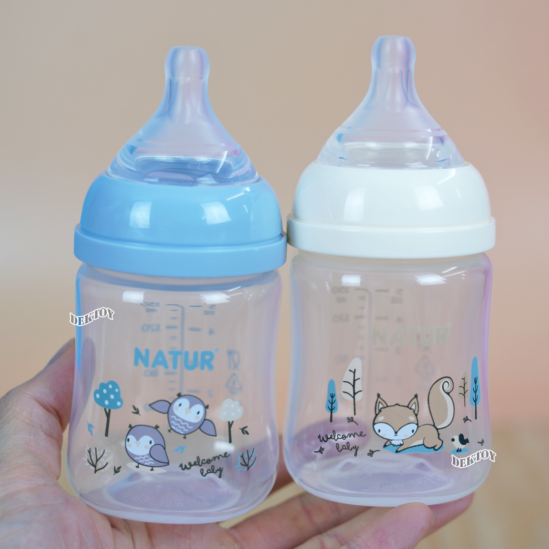 Natur infinit one size ขวดนมเนเจอร์อินฟินิท คอกว้าง PES สีชา และ PP 5 และ 9 ออนซ์ จุกนมไม่ดูดไม่ไหล 0-18 เดือน