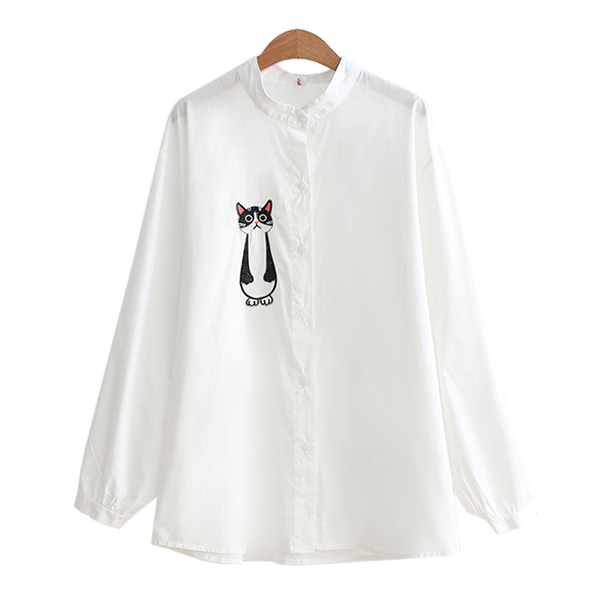 [SALE] เสื้อเชิ้ตคอจีน แขนยาว แต่งปักลายแมว-12186