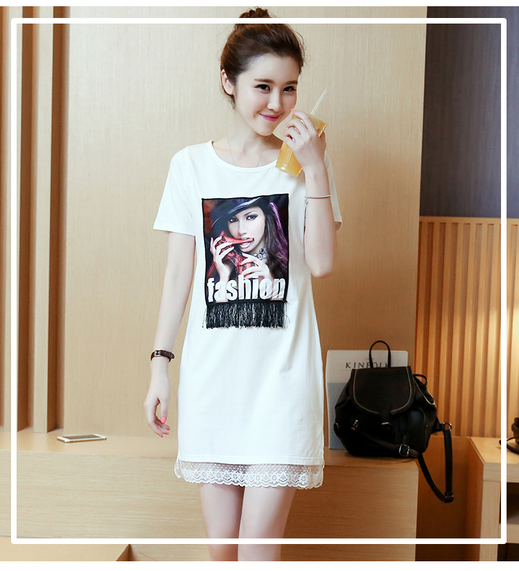 เดรสแฟชั่นเกาหลี ผ้าฝ้ายผสมคอตตอล พิมพ์ลายคมชัดด้านหน้า มี 2 สี