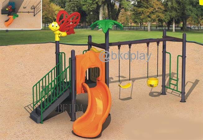 เครื่องเล่นสนามกลางแจ้ง ชุดเครื่องเล่นเด็ก BA-31 มี 1 รางสไลเดอร์ ชิงช้า 2 ที่นั่ง 1 ชุด,ชุดปีนป่ายสไลเดอร์และชิงช้ารวม,ผีเสื้อนักผจญภัย,ครุภัณฑ์สนามเด็กเล่น,งบสพฐ,outdoor Playground,ผลิตในไทย