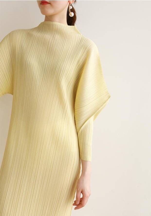 2MUAY รุ่น GJO7877 HIGH NECK ANGLE SLEEVE PLEAT DRESS เดรสผู้หญิง เดรสพลีทคุณภาพ 11สี FREE SIZE