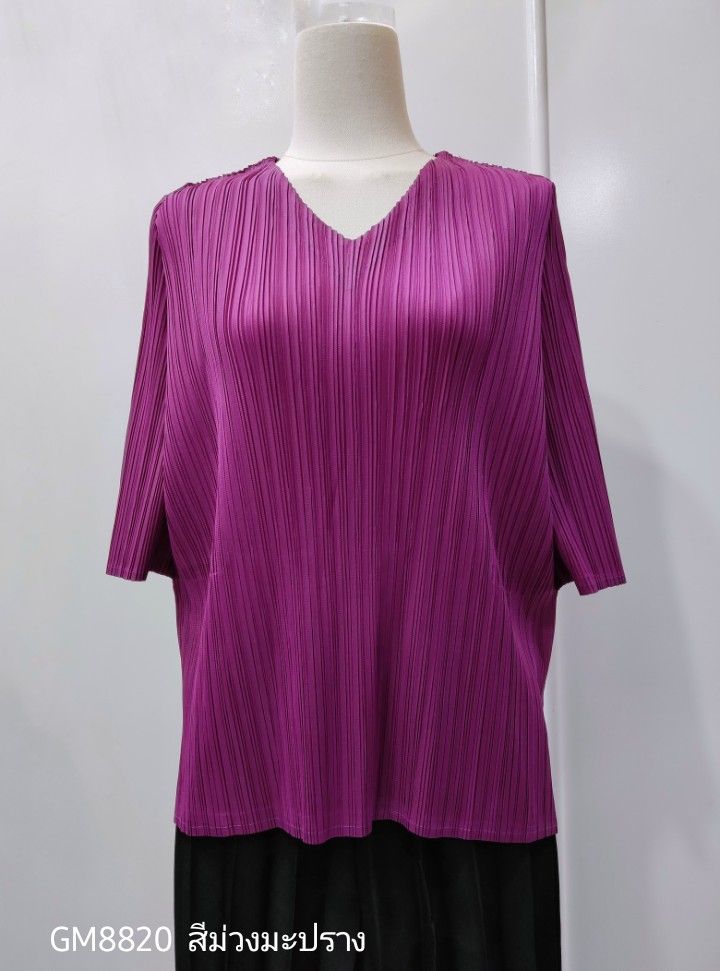 อกถึง42! 2MUAY GM8820 เสื้ออัดพลีทคอวีแขนสั้น ผ่าชายข้าง V NECK SHORT SLEEVE PLEATED TOP 15 สี FREE SIZE