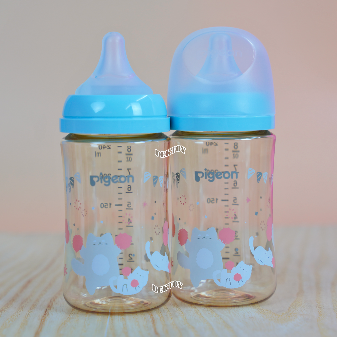 Pigeon พีเจ้น ขวดนมพีเจ้นสีชา PPSU 8 ออนซ์ 240 มล. คอกว้าง แพ็ค2ขวด ลาย HOORAY CAT