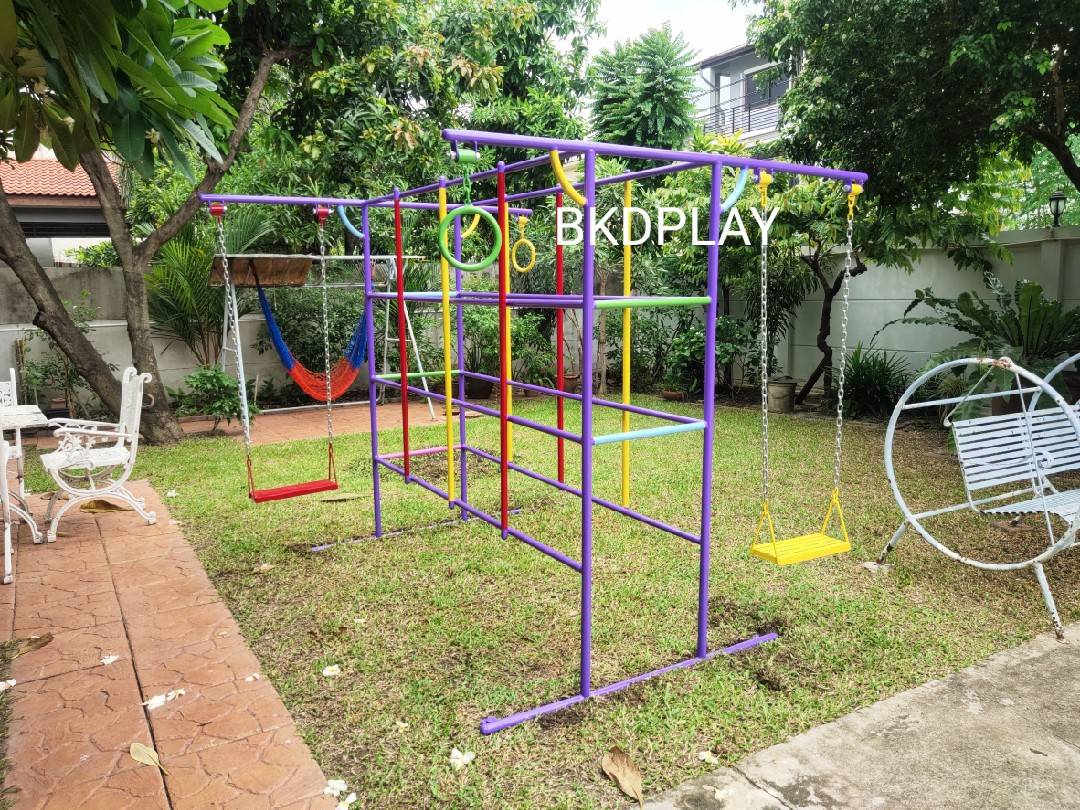 ชุดรวมM เครื่องเล่นสนามกลางแจ้ง เครื่องเล่นสนามแบบเหล็ก ประกอบด้วยชิงช้าปีนป่ายบาร์โหน OutdoorPlayground,ผลิตเครื่องเล่นสนาม,สนามเด็กเล่น,เครื่องเล่นงบสพฐ.ประชารัฐ ราคาโรงงาน ขนาด 150x195x188 ซม.