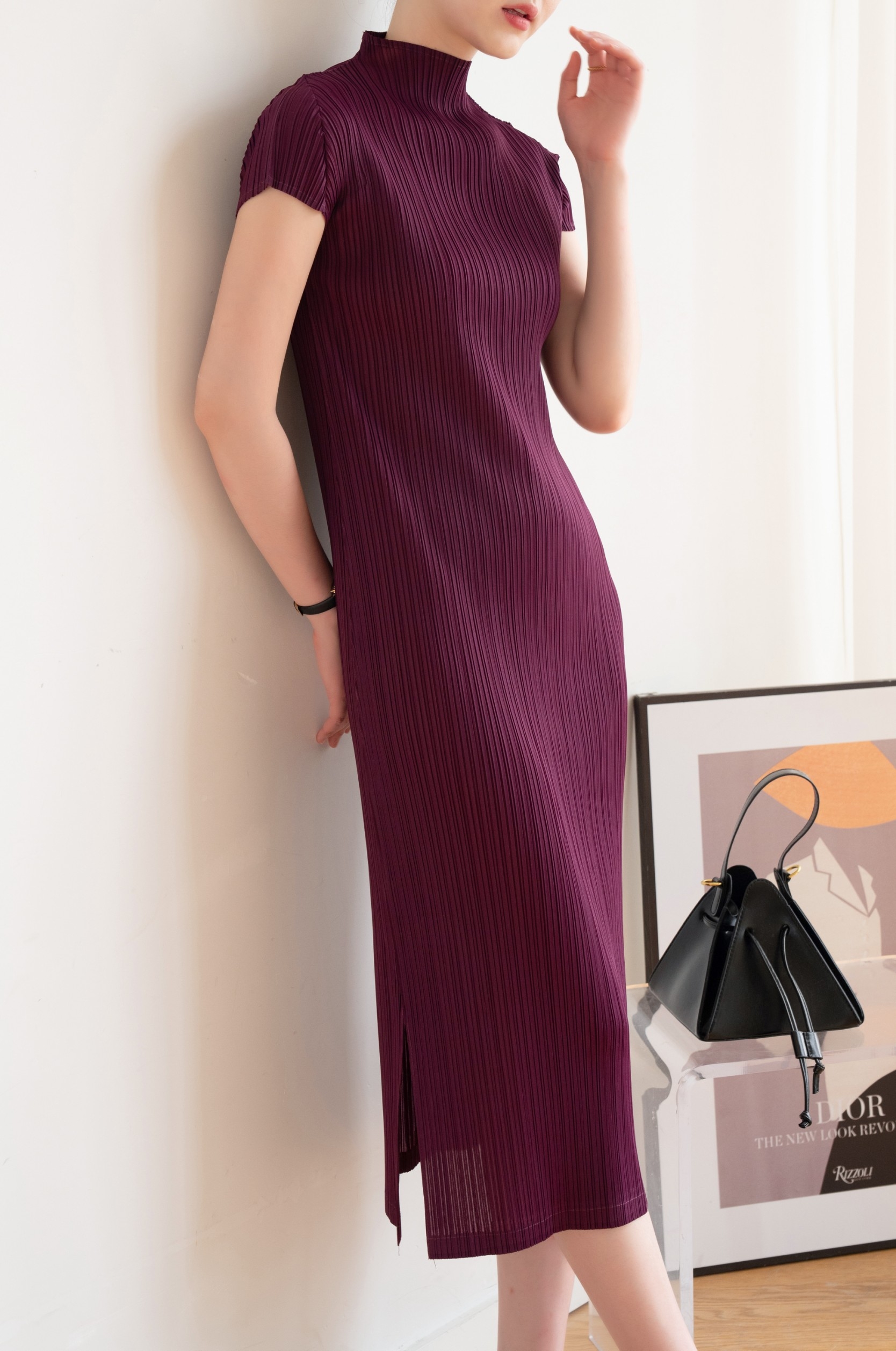 2MUAY GJO7876 เดรสพลีทคุณภาพ HIGH NECK CAP SLEEVE PLEAT DRESS 10 สี FREE SIZE