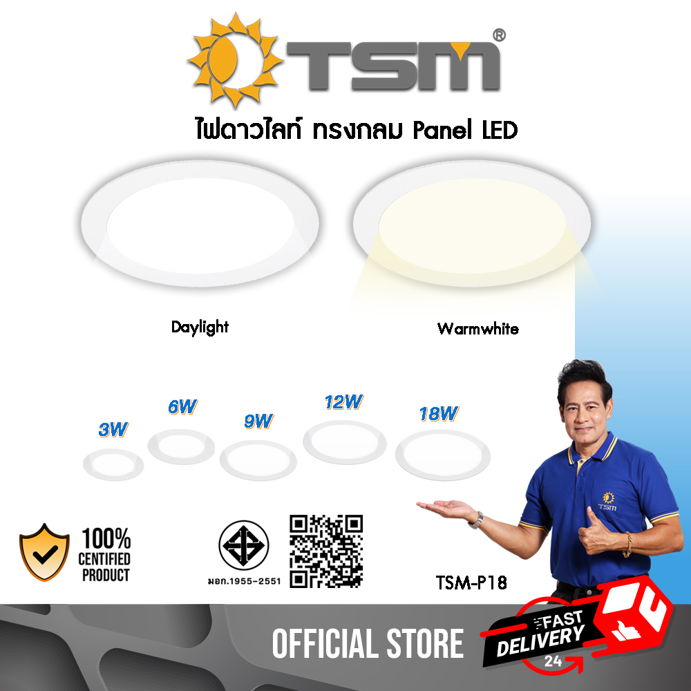 โคมไฟดาวน์ไลท์ LED Downlight Panel ฝังฝ้า ติดฝ้าเพดาน 3W 6W 9W 12W 18W ดาวไลท์ แบบบาง กลม