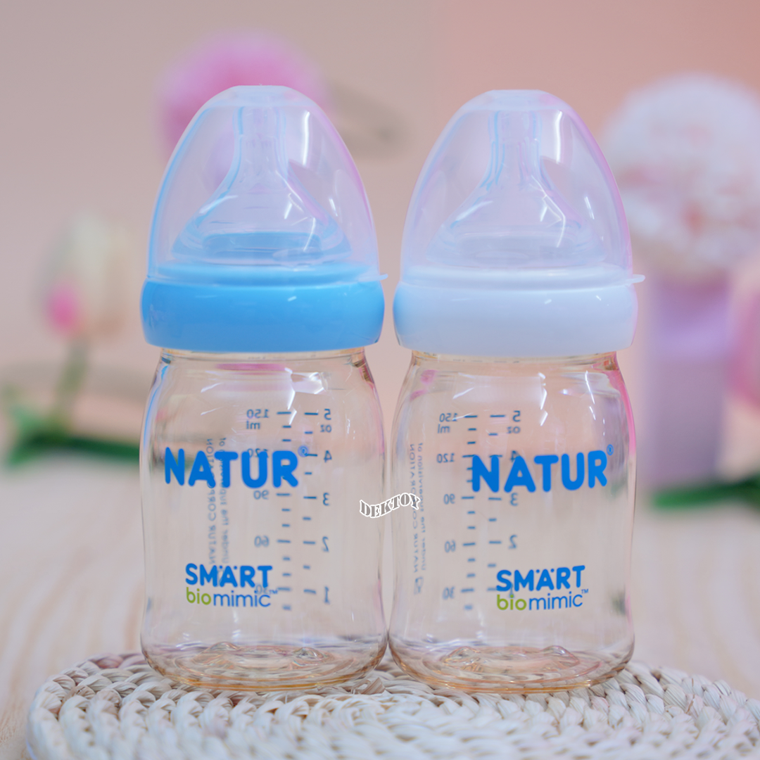 NEW-Natur เนเจอร์ ขวดนมเนเจอร์ไม่ดูด ไม่ไหล คอกว้างสมาร์ทไบโอมิมิคสีชาPES 5 ออนซ์