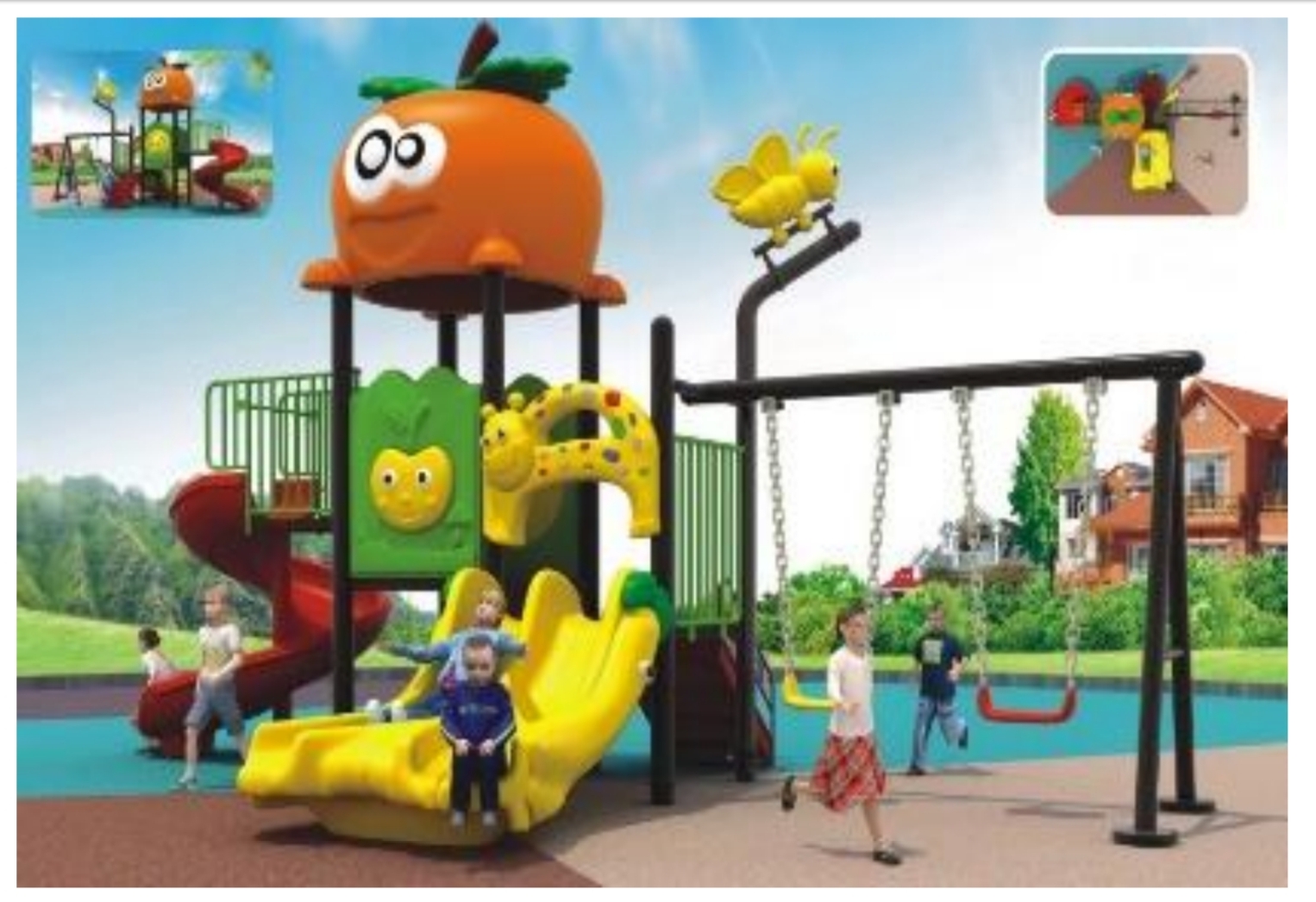 เครื่องเล่นสนามกลางแจ้ง-ในร่ม ชุดส้มพร้อมชิงช้าสไลเดอร์ใหญ่,ครุภัณฑ์สนามเด็กเล่น,งบ.สพฐ,โครงการโรงเรียนประชารัฐ, เครื่องเล่นสนามระดับก่อนประถมศึกษา, งบประมาณ80,000