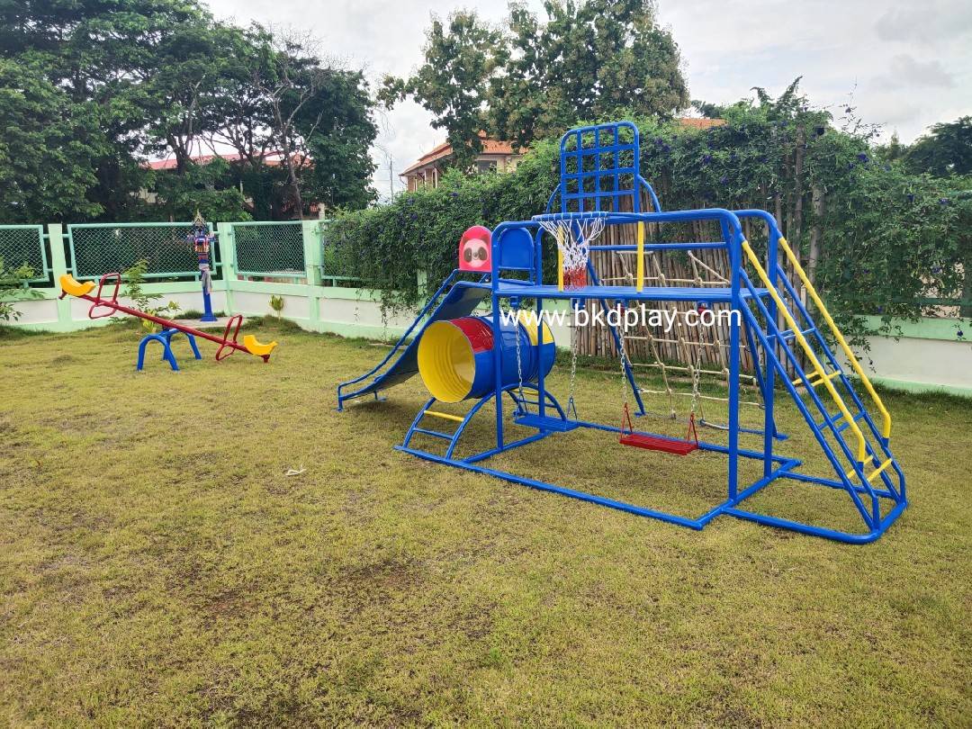 ชุดรวม H เครื่องเล่นสนามแบบเหล็ก ประกอบด้วยสไลเดอร์ชิงช้าปีนป่ายแป้นบาส (ถักเล็ก) , เครื่องเล่นสนามกลางแจ้ง , OutdoorPlayground,ผลิตเครื่องเล่นสนาม,เครื่องเล่นงบสพฐ.ประชารัฐ ราคาโรงงาน