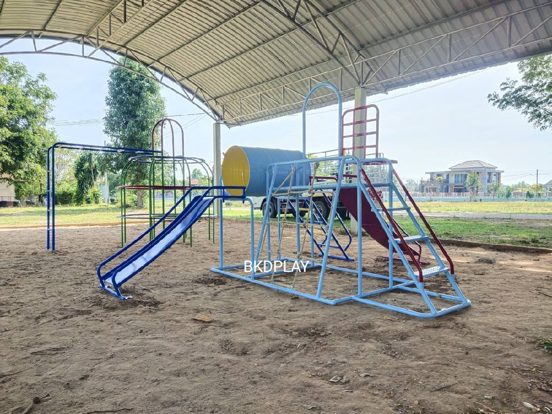 เครื่องเล่นสนามชุดรวมD ประกอบด้วยสไลเดอร์ปีนป่ายแป้นบาสและถังลอด, เครื่องเล่นสนามกลางแจ้ง , เครื่องเล่นสนามเหล็ก, ของเล่น, OutdoorPlayground,สนามเด็กเล่น,เครื่องเล่นงบสพฐ.ประชารัฐ ราคาโรงงาน