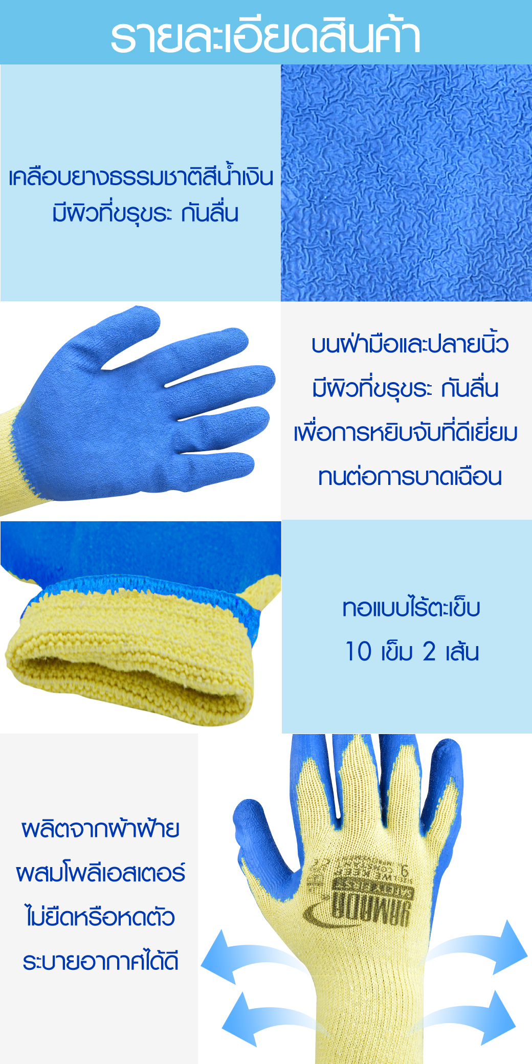 ถุงมือผ้าเคลือบยาง สีน้ำเงิน 9" รุ่น 9041 YAMADA