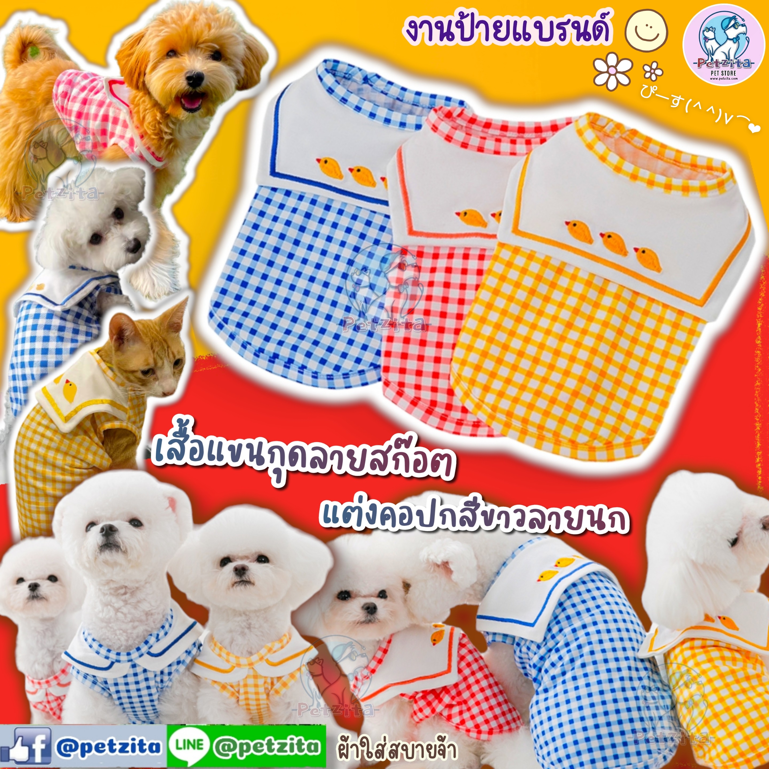 🇹🇭พร้อมส่ง🇹🇭💙❤️💛 เสื้อแขนกุดลายสก๊อต แต่งคอปกสีขาวลายนก 🐤🐥 งานป้ายแบรนด์ 🌟 เสื้อผ้าสัตว์เลี้ยง สุนัข หมา แมว สำเนา