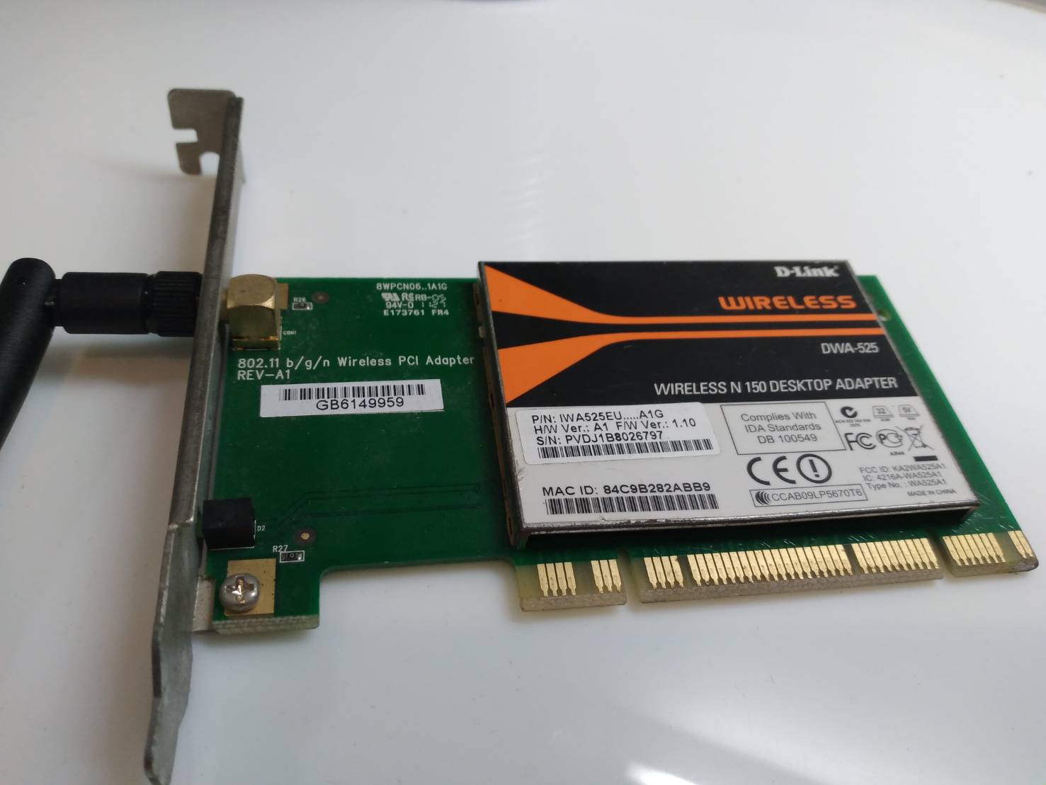 D-Link Wireless-N 150 Desktop PCI Adapter Wi-Fi 802.11g/n 2.4GHz WPA/WP DWA-525