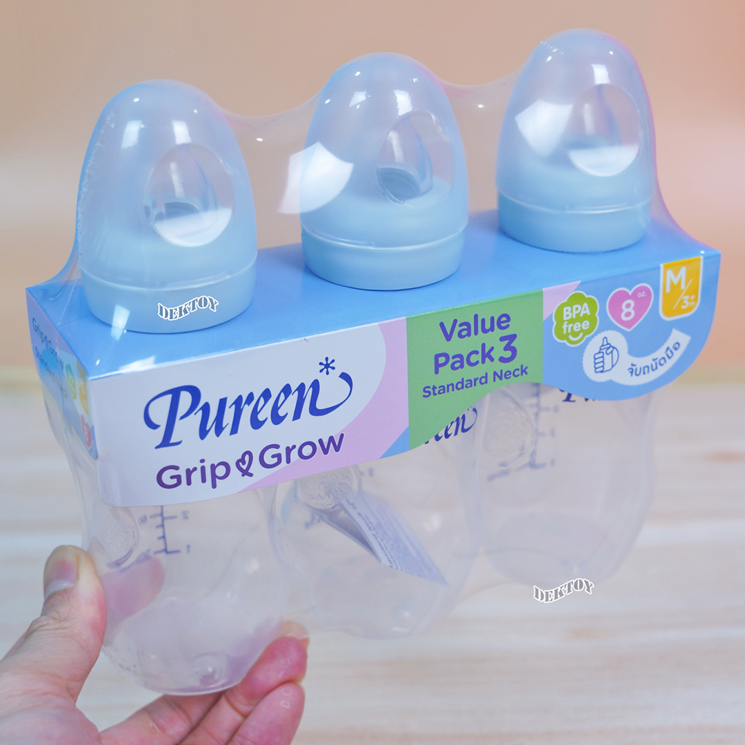 Pureen ขวดนมเพียวรีนจับถนัดมือ PPคอมาตรฐานแพ็ค3ขวดจุกนุ่มAnti-colic Grip grow