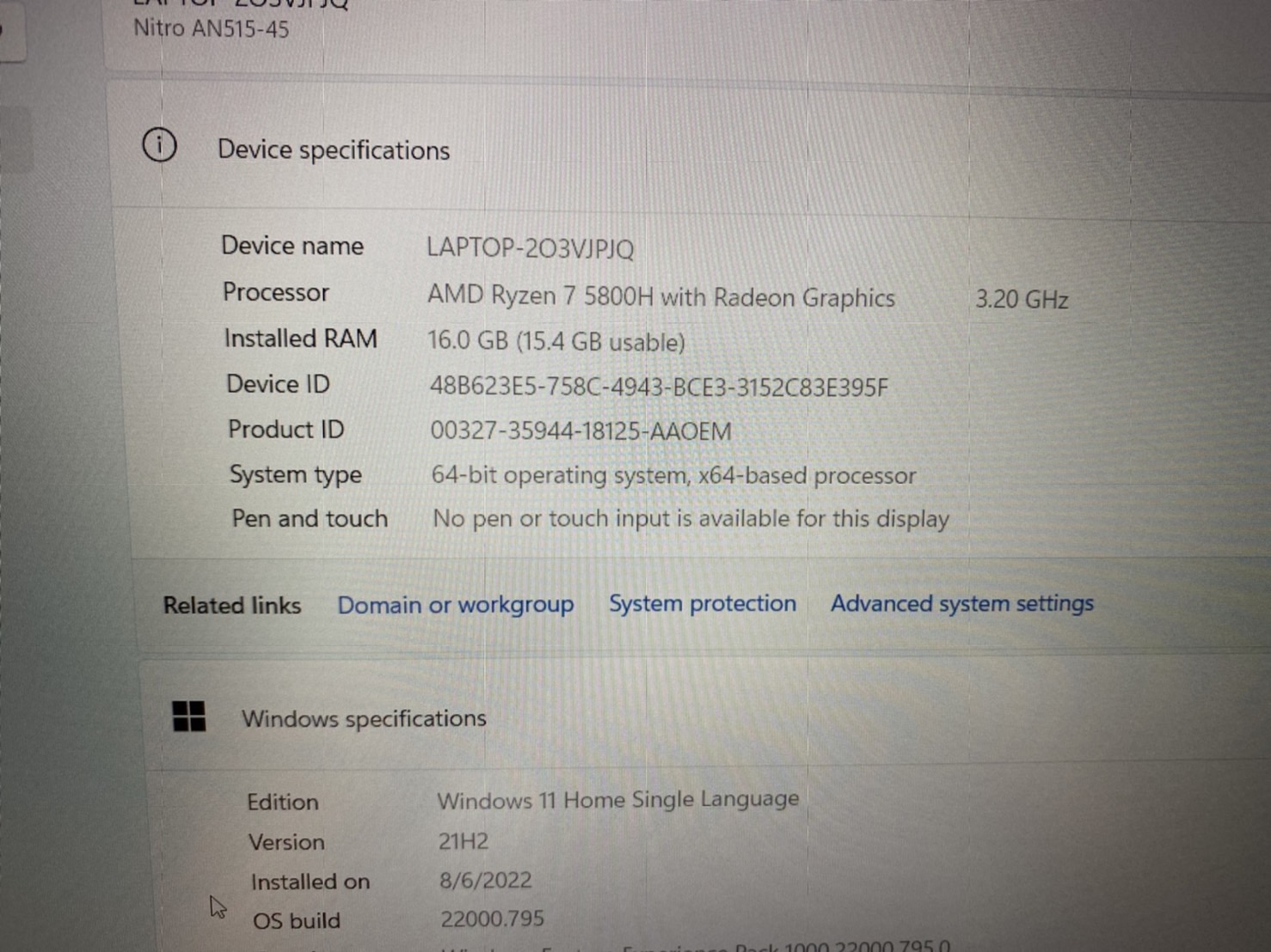 Notebook Acer Nitro 5 AN515-45-R2BC